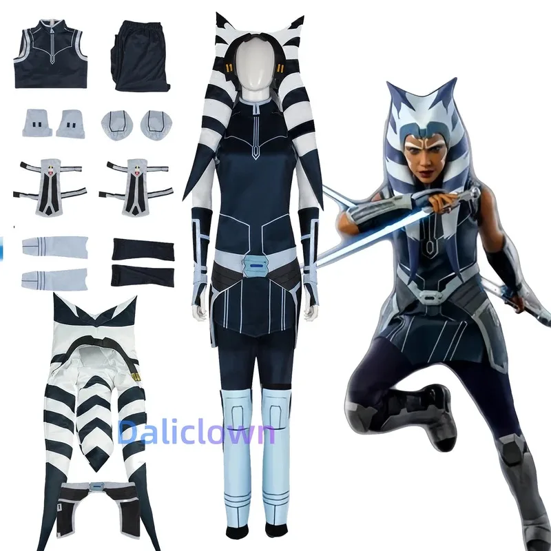 Ahsoka Tano Star The Clone Wars Hat مجموعة كاملة من أزياء الفيلم التنكرية لحفلات الهالوين للنساء dl;1