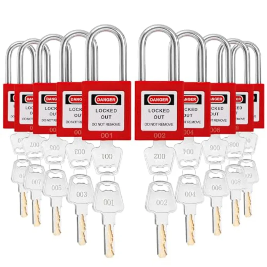 

10 Pack Lockout Tagout Locks, Keyed Different Red Loto Safe Padlocks, OSHA Compliant Safety Locks with Keys for Lock Out Tag Ou