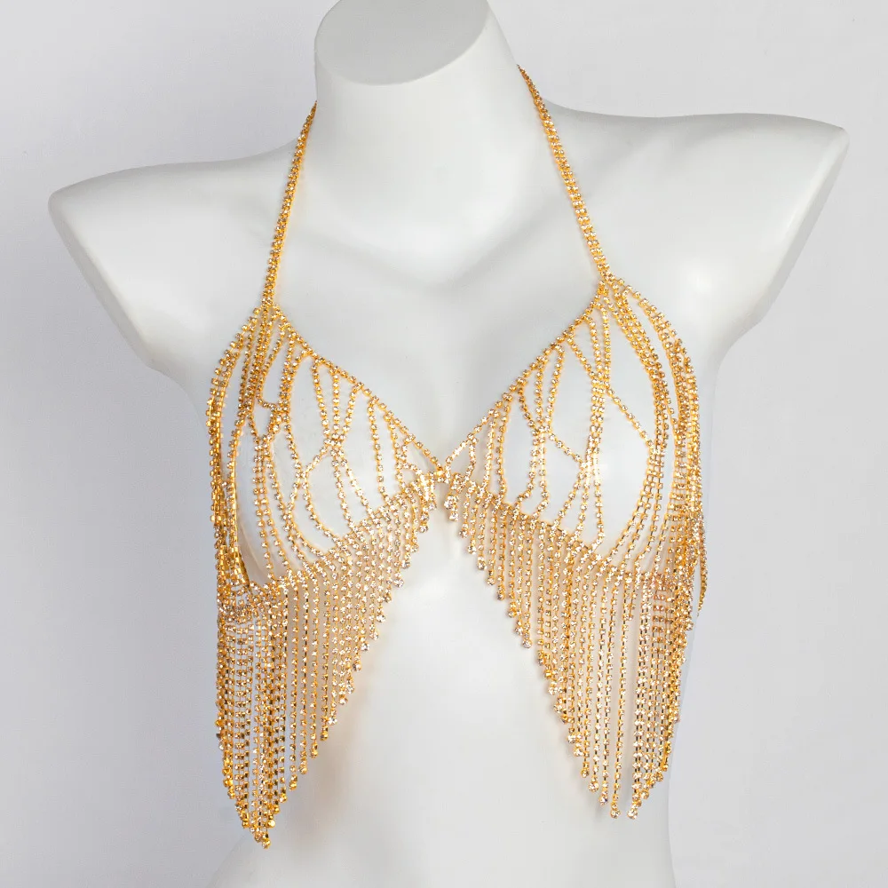 Bikini con borlas de múltiples capas para mujer, cadena de pecho con diamantes de imitación, joyería Sexy para club nocturno