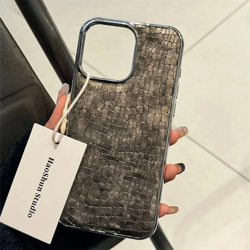 Luxury Glossy Crocodile Pattern Case For iPhone 17 Air 18 17 16 15 14 13 Pro Max Plus Plating Cool Armor Shockproof Bright Cover