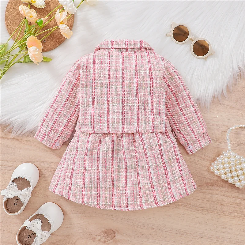 Blotona Baby Girl Party Elegant 2Pcs Outfits, Plaid Long Sleeve Buttons Outwear + Patchwork Mock Neck Dress Set, 3-24Months