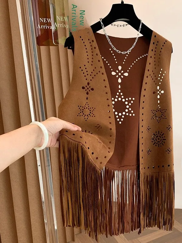 

n Desert Travel Hollow out Lace Trim Open Cardigan Vest Women's Outerwear Autumn Winter New Sle Mid-Length Color