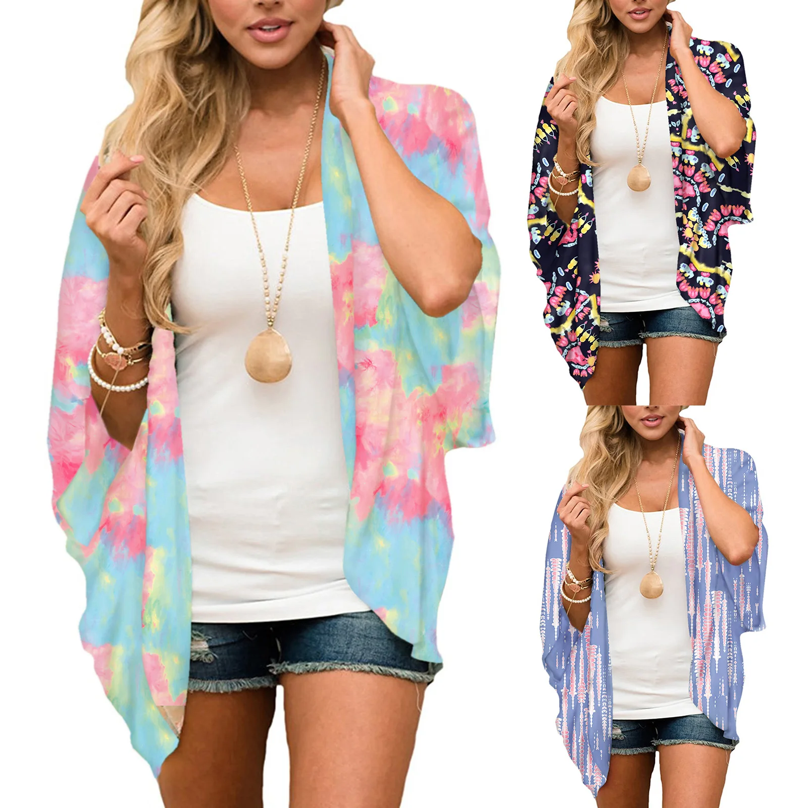 Boho Tie Dye Swimsuit Cover Up Chiffon Blouse Sarong Cardigan Tops 2023 Women Bikini Cover-ups Beach  Puff Sleeve Kimono Pareo