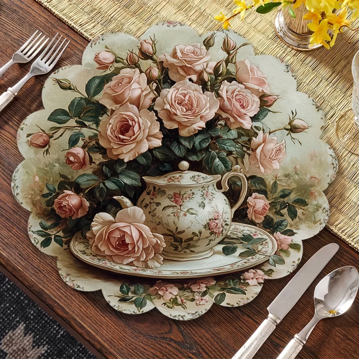 VIKAMA 4PC Rose Flower Meal Mat Pink Rose Dining Table Afternoon Tea Restaurant Decoration Elegant Romantic Style