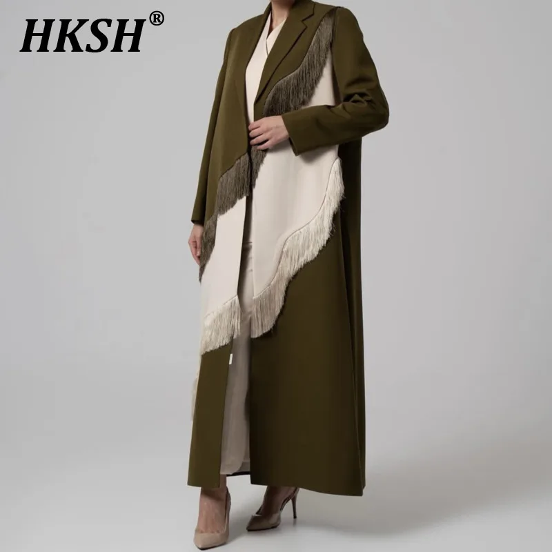

HKSH Spring Autumn New Women Tide Fashion Elegant High Street Original Design Heavy Ins Tassel Patchwork Long Trench Coat HK5643