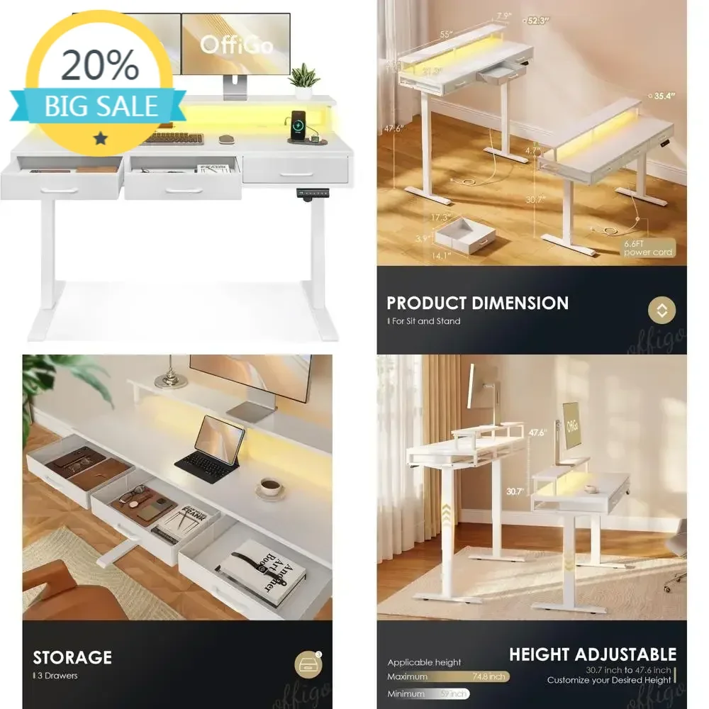 

Бестселлер: Электрический регулируемый по высоте стол с ящиками, 55-дюймовый стол с розетками и LED-подсветкой, стол для работы сидя-стоя с отсеком для монитора