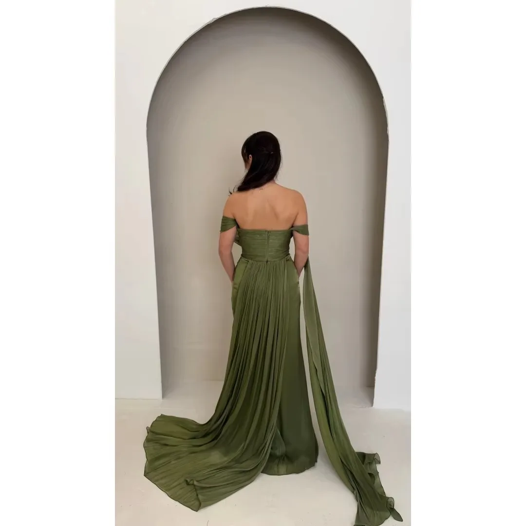 Women Off Shoulder Chiffon Evening Dresses Ruched Twist Front Slit Floor Length Wedding Party Formal Dresses