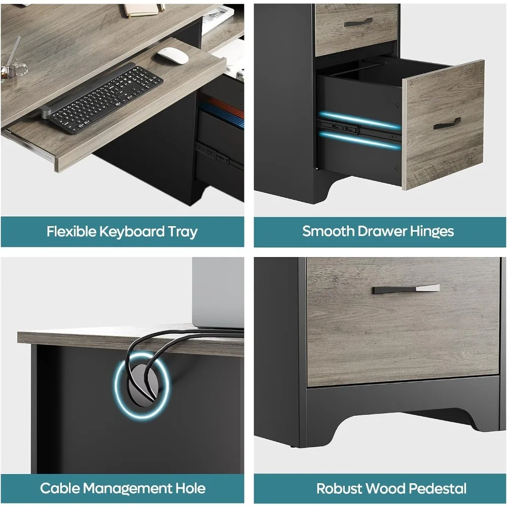 48 inch computer desk with drawers, office desk with storage, industrial wooden desk with file drawers