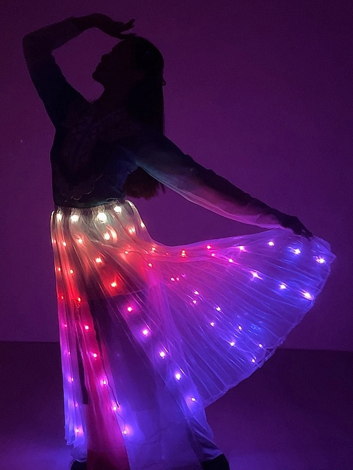 LED Light Up Belly Dance Skirt, LED Long Tutu Skirt for Rave, Halloween, Christmas Party, Dazzling LED Clothing for Women White