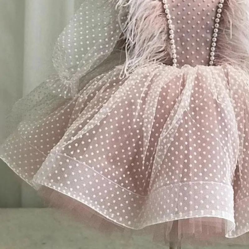 Fashion Baby Girl Princess Lace Feather Bow Dress Infant Child Teens Dot Pearl Vestido Birthday Party Pageant Baby Clothes 1-12Y