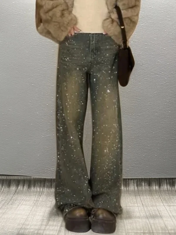 

Retro Diamond Embellied High Waist Wide Leg Women's Jeans Sparkling Trendy Spring Faion Casual High Waist Straight Cut