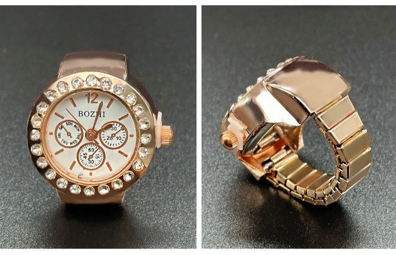Creative Clock Shape Watches Rings Movement Quartz Rhinestone Decor Ring Watch Alloy Shell Finger Dial Couple Men and Women