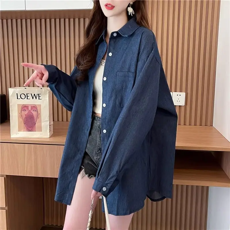 Spring Summer Women's 2024 New Splice Polo Collar Button Pocket Fashion Solid Color Minimalist Casual Long Sleeve Blouses Shirts