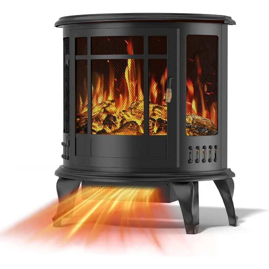 

Portable Electric Fireplace Stove Oval Freestanding Heater with 3D Flame Thermostat Control 1500W Quiet Indoor Heating Overheat