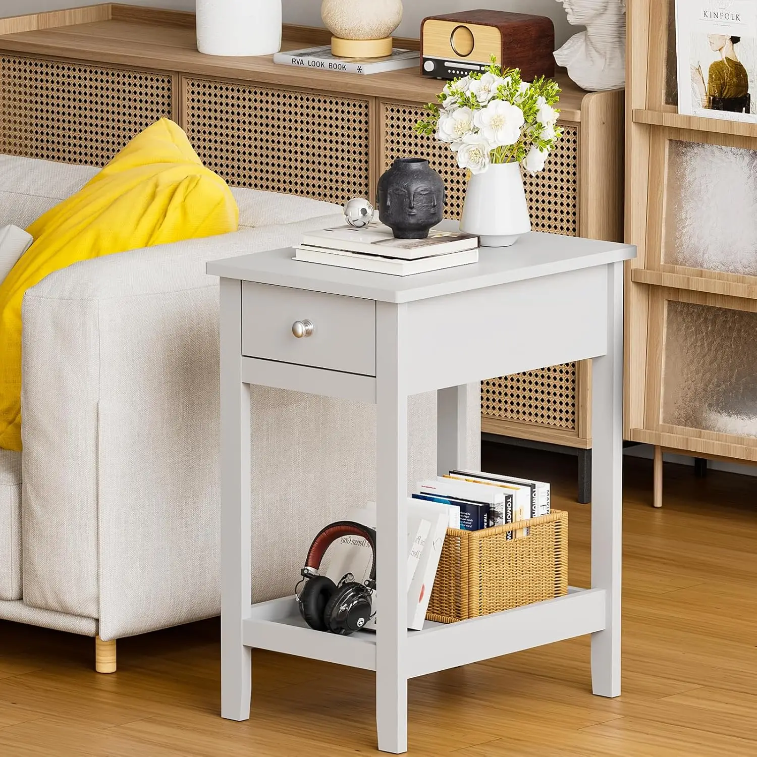 

Narrow Side Table with Drawer and Storage Shelf, Small White End Table for Living Room Bedroom Office
