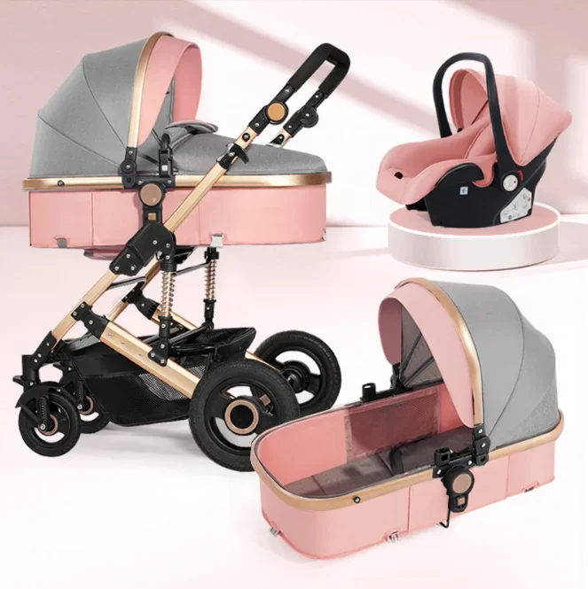 Passeggino di lusso 3 in 1 Carrello pieghevole per auto Buggy con camminatori e marsupi in lega e tessuto Carrozzine per bambini