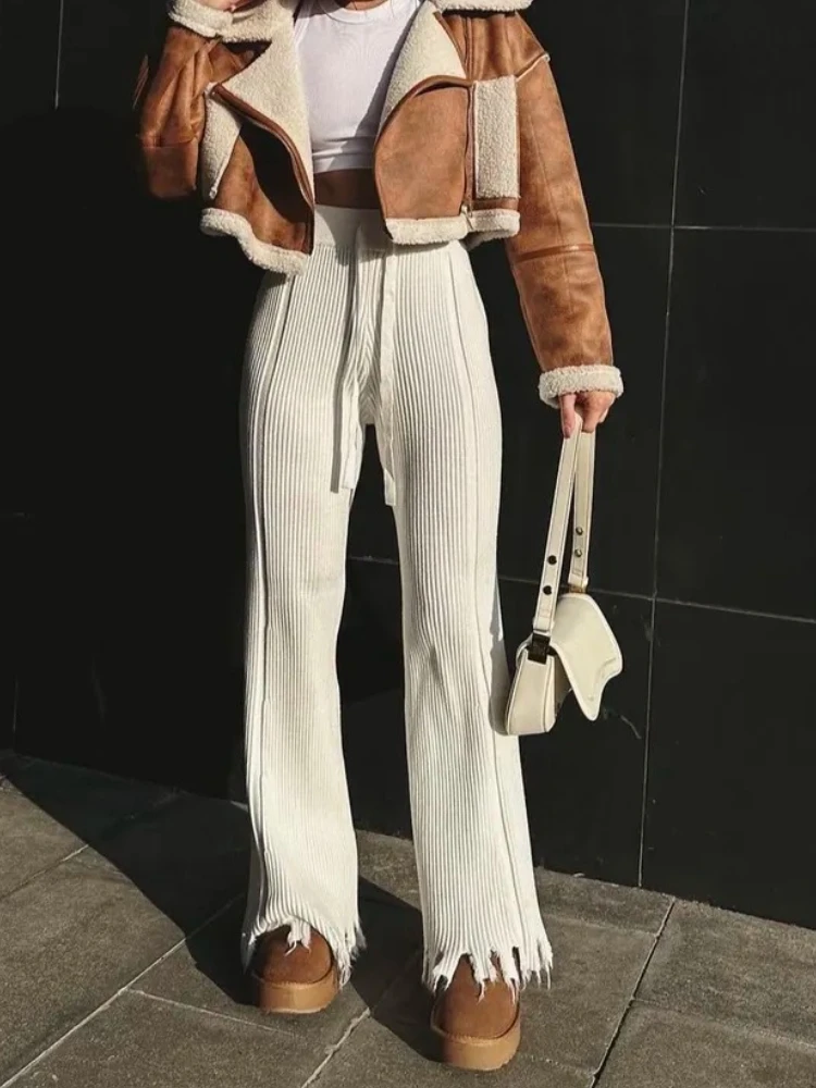 Hoge taille ruche rand gebreide wijde pijpen broek voor dames in de herfst nieuwe verticale pitstreep niche vloerlengte broek