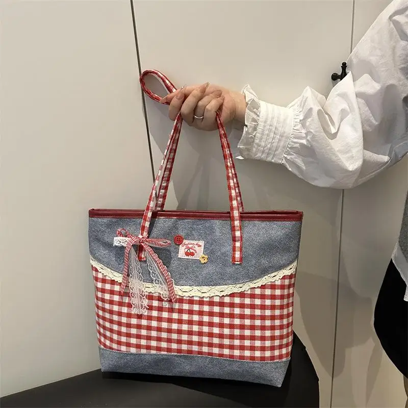 Denim Canvas Tote Bag With Red Gingham Patchwork And Cute Lace Bow Design Perfect For School Shopping Daily Outings