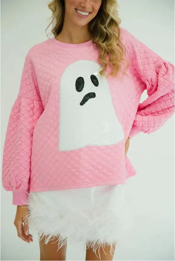 Women'S Halloween Pink Sportswear Sequined Ghost Round Neck Long Sleeved Quilted Pullover Casual Top Sweatshirt