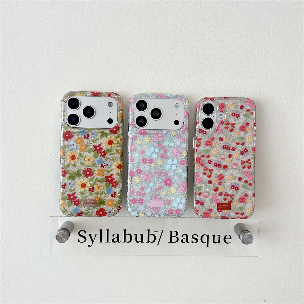 Ins Sparkly Glitter Flower Phone Case For iPhone 15 16 17 Pro Max Retro Tiny Floral Pattern Trendy Girly Shockproof Phone Cover