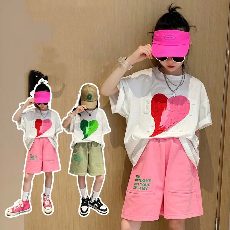 2024 Korean Summer Junior Girl 2PCS Clothes Set Teenager Girl Love Print T-shirt+Straight Pants Shorts School Girl Tracksuit