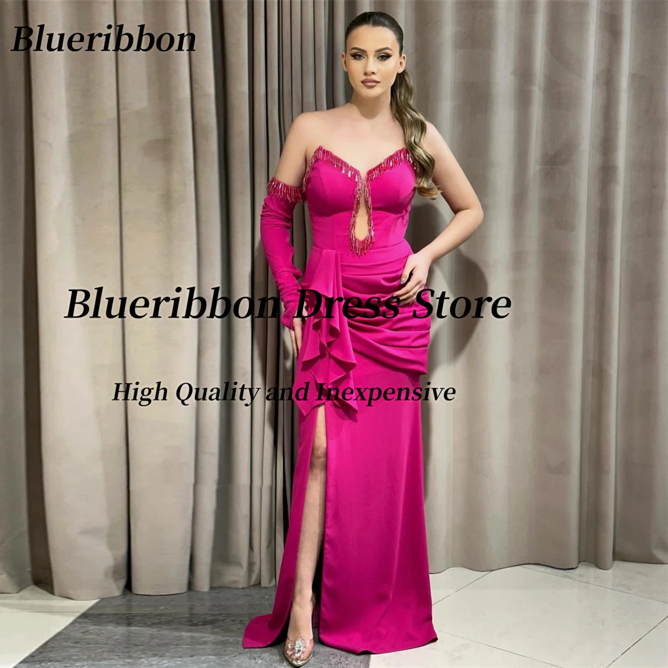 Blueribbon Handmade Beading Sweetheart Prom Dresses One Long Sleeve Evening Gowns Ruched Side Slit Pageant Party Ladies Wear