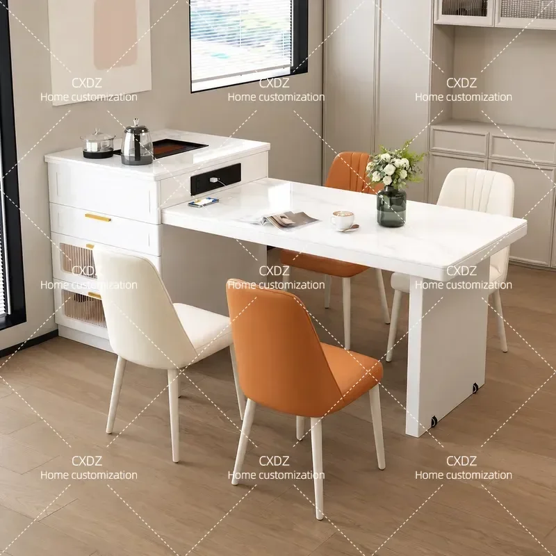 Rock Slab Island Dining Table with Integrated Retractable Design Kitchen Island Drop Leaf Table Tea Table with Induction