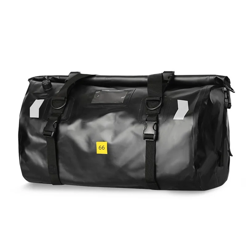 Roll‑Top Motorcycle Dry Duffel Bag, 40L/66L Waterproof PVC Luggage, Reflective Motorbike Rear Rack Storage Bag for Road Trip