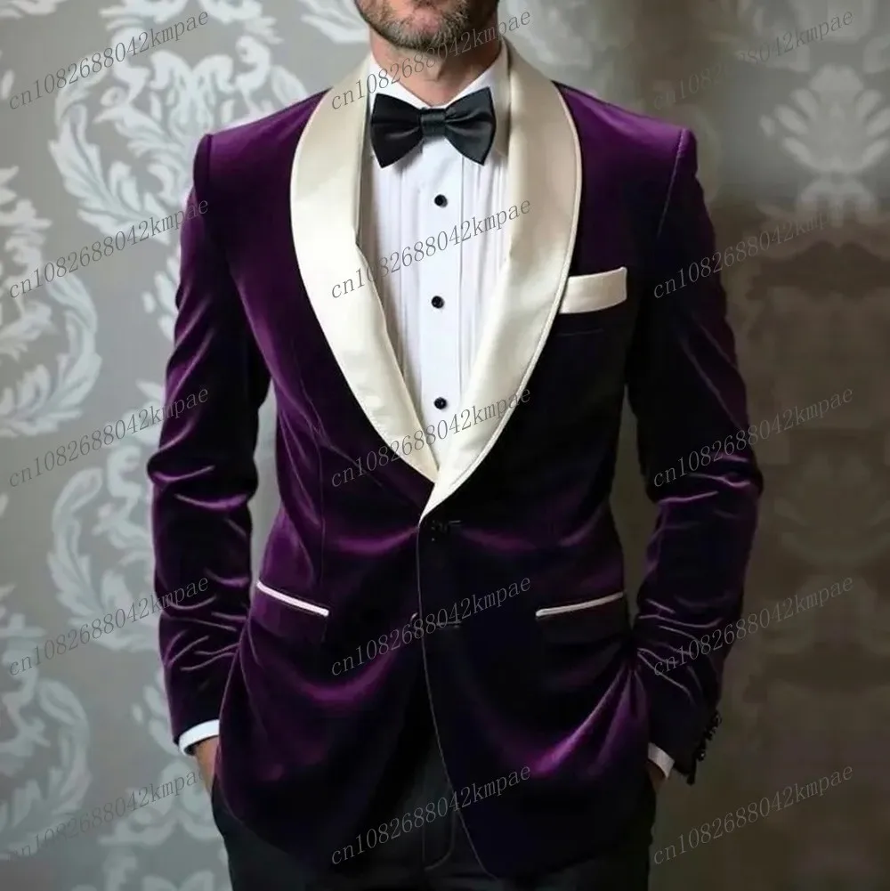 

New Purple Velvet Men Suit Formal Business Groom Groomsman Wedding Party Prom Male Tuxedos 2 Piece Set Blazer Pants