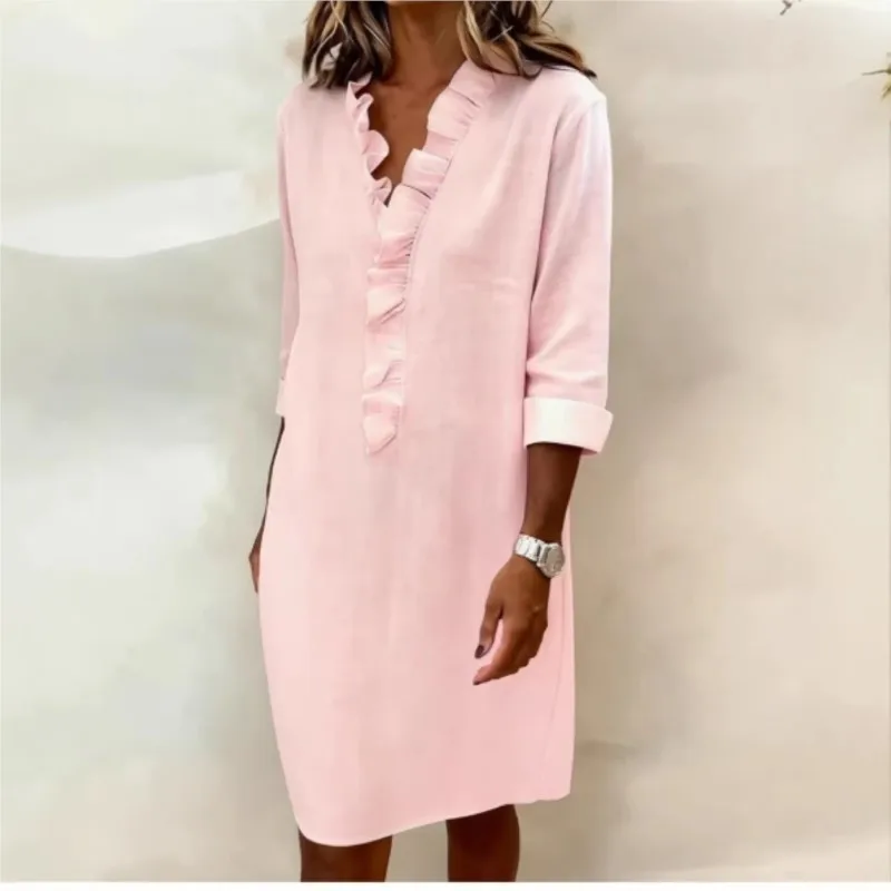 

Women Elegant Ruffle Shirt Dress 2026 Summer V-Neck Long Sleeve Loose Fit Pure Color Casual Mini Dresses Office Casual Blouse