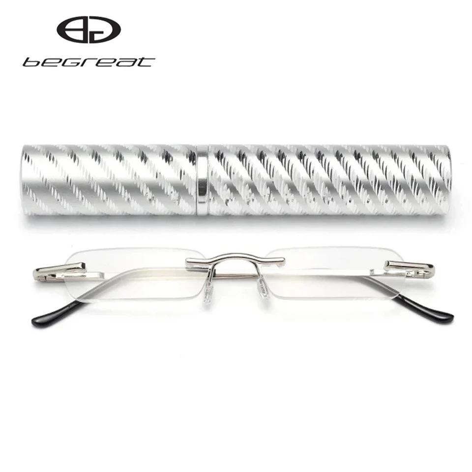 

BEGREAT Anti-Blue Reading Glasses Mini Metal Rimless Presbyopic Eyewear Portable With Case Small Eyeglasses for Men Women