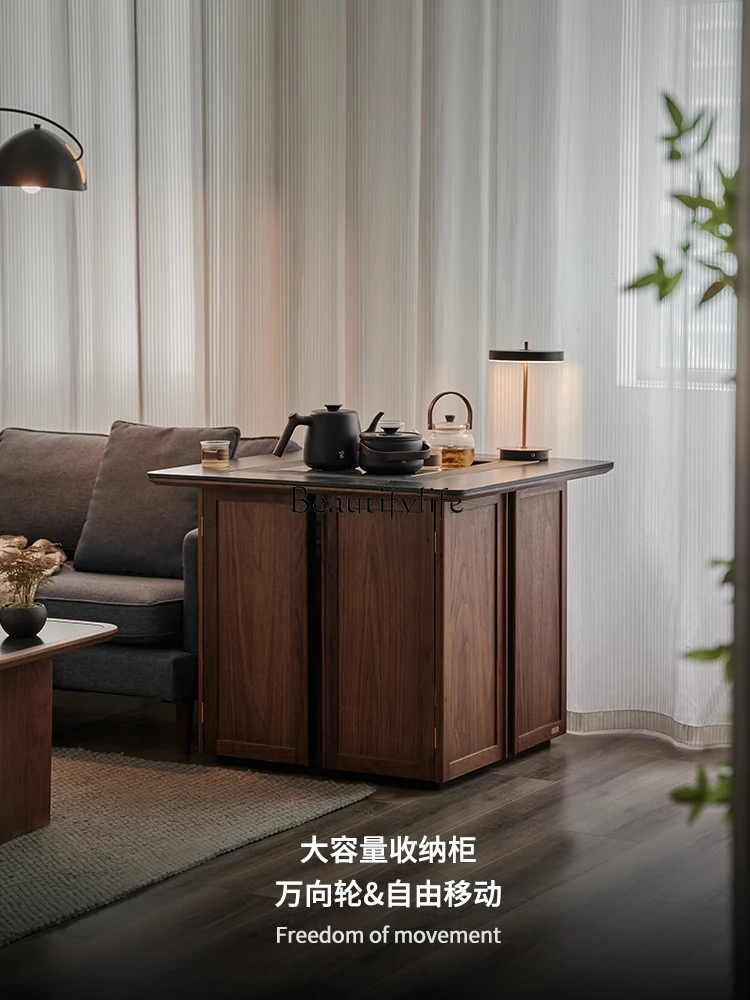 05-*Solid wood liftable tea table living room small apartment mobile balcony tea cabinet