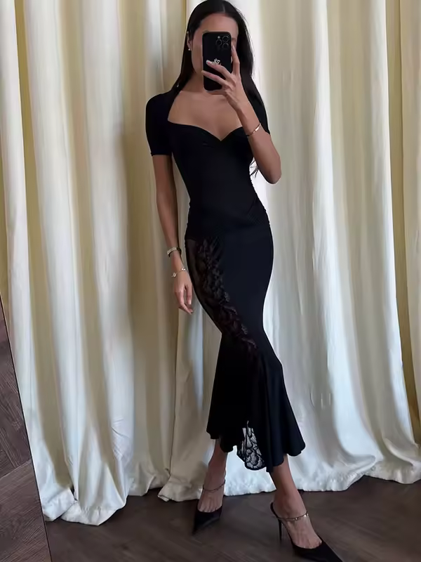 Ticketsx Sexy Lace Dress Set Women Fashion V-Neck See-Through Patchwork Pleated Slim Skirts Set Elegant Party Evening Dress Set - Image 5