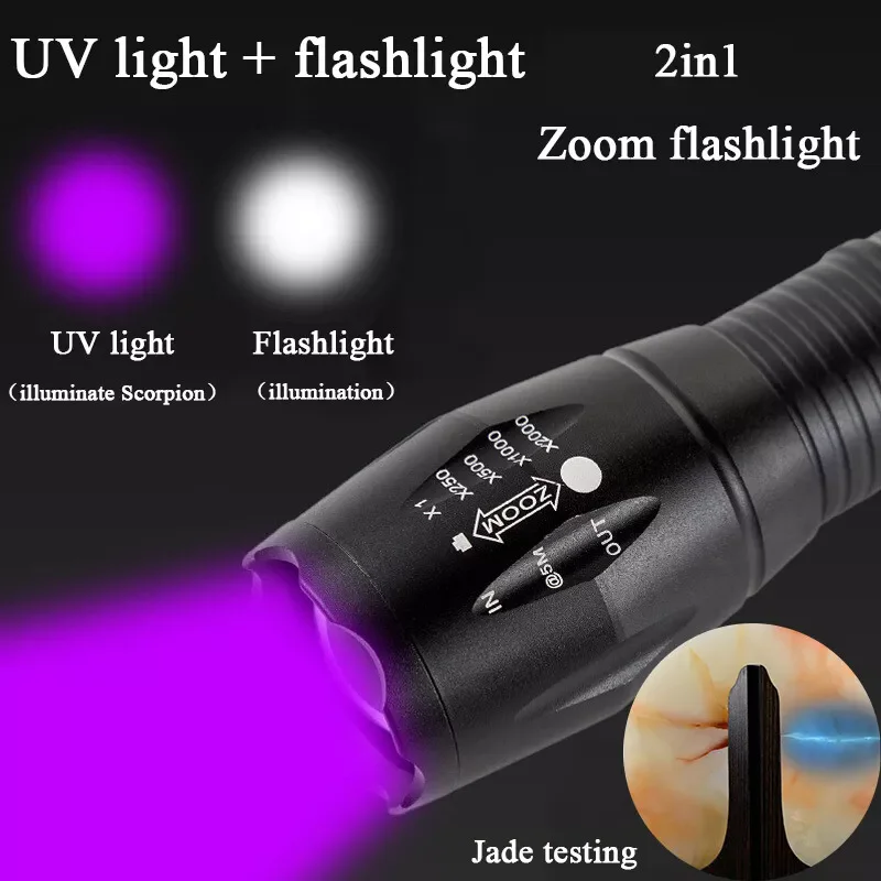 2 IN 1 UV Flashlight Purple White Dual Light 395nm Ultraviolet Torch Zoom Flashlight Detection Lighting Lamp for Pet Stains