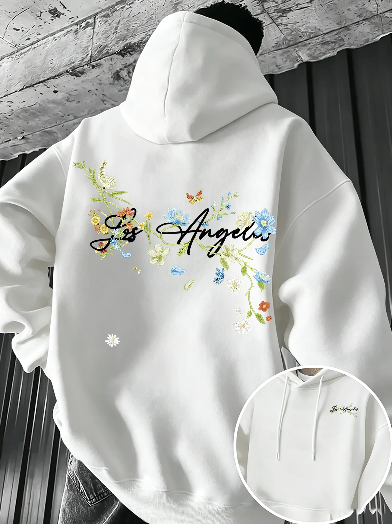 Autumn/Winter Outdoor Warm Comfort Retro Los Angeles Floral Vine Butterfly Pattern Men's Loose Fashion Hooded Sweatshirt