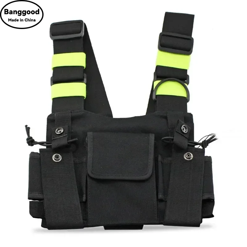 

Radio Chest Harness Chest Front Pack Pouch Holster Vest Rig Carry Case w/ Green Reflective Stripe for 2 Way Radio Walkie Talkie