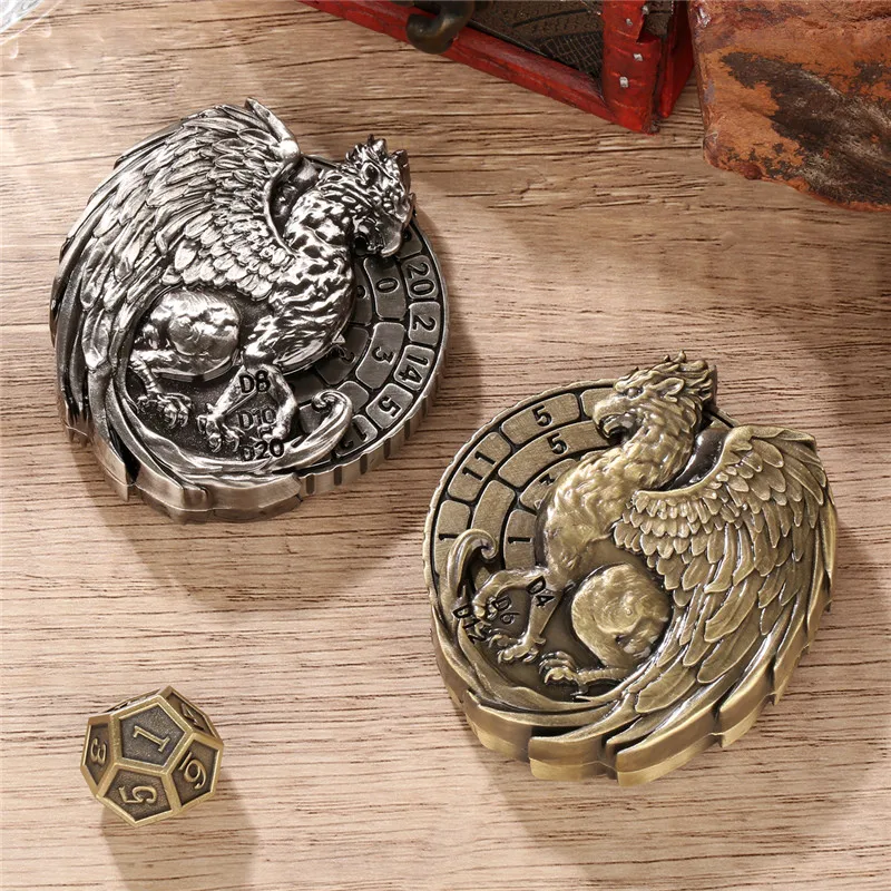

7-in-1 DND Dice Fingertip Wheel Griffin Design Metal Rotating Spinner Role Playing Board Game Accessories with Dragon Gift Box