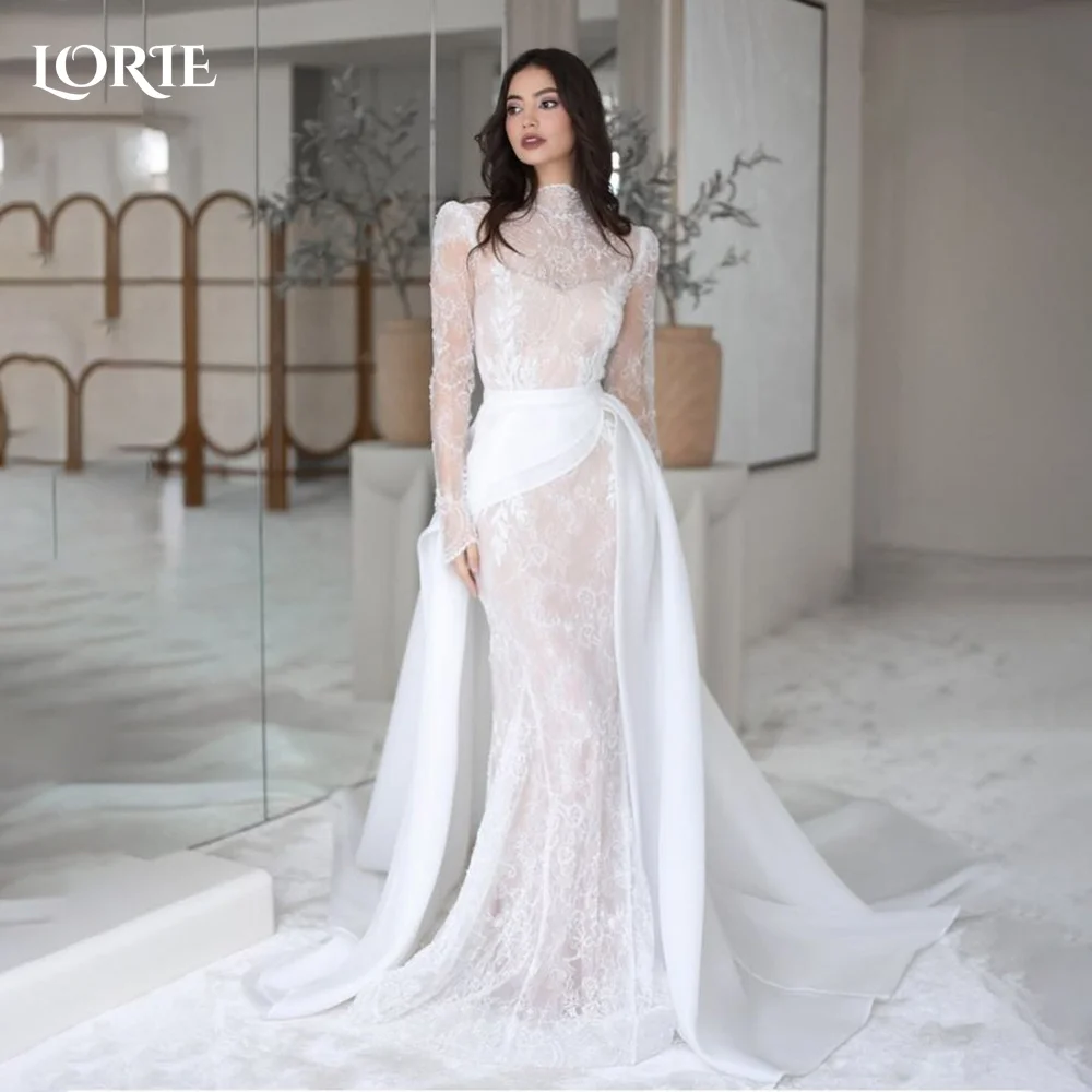 

LORIE Flared Sleeve A-Line Wedding Dress High Neck Lace Appliques Bridal Gown Customized Backless Bride DressSaudi Dress Dubai