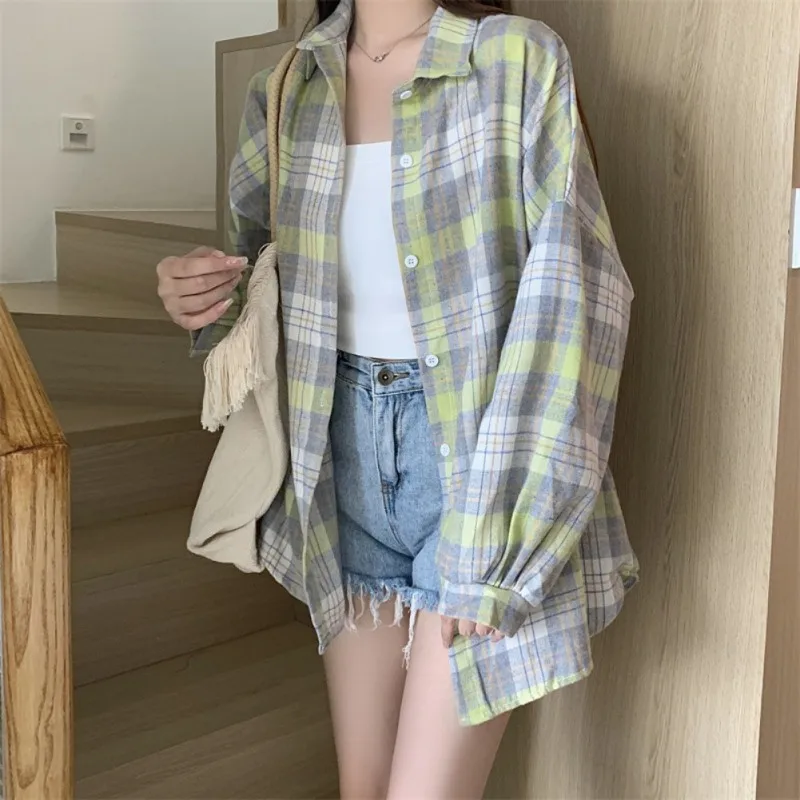 Children Tops Plaid Korean Shirt Kids Girls Casual Shirt Outerwear Summer Sun-proof Long Sleeve Basic Autumn Girls Blouses