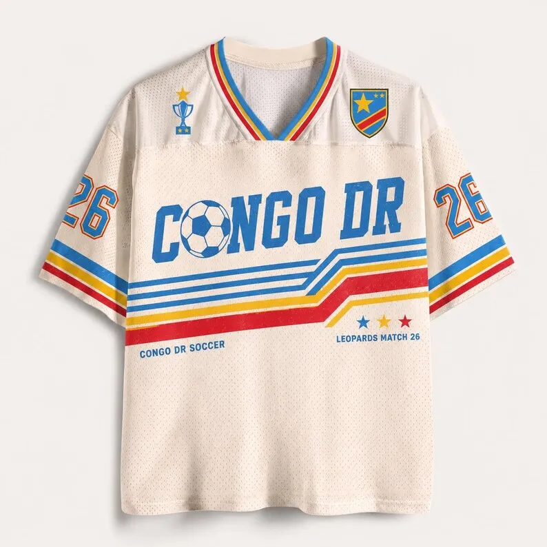 2026 New Democratic Republic of Congo Fan Uniform Football Print Breathable V-neck Mesh Football T-shirt Is A Must-have for Fans