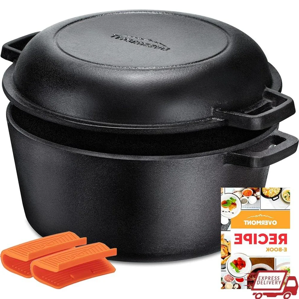 5 Quart Cast Iron Dutch Oven Skillet Lid Pre Seasoned Induction Grill BBQ Camping Cookware Multi Use