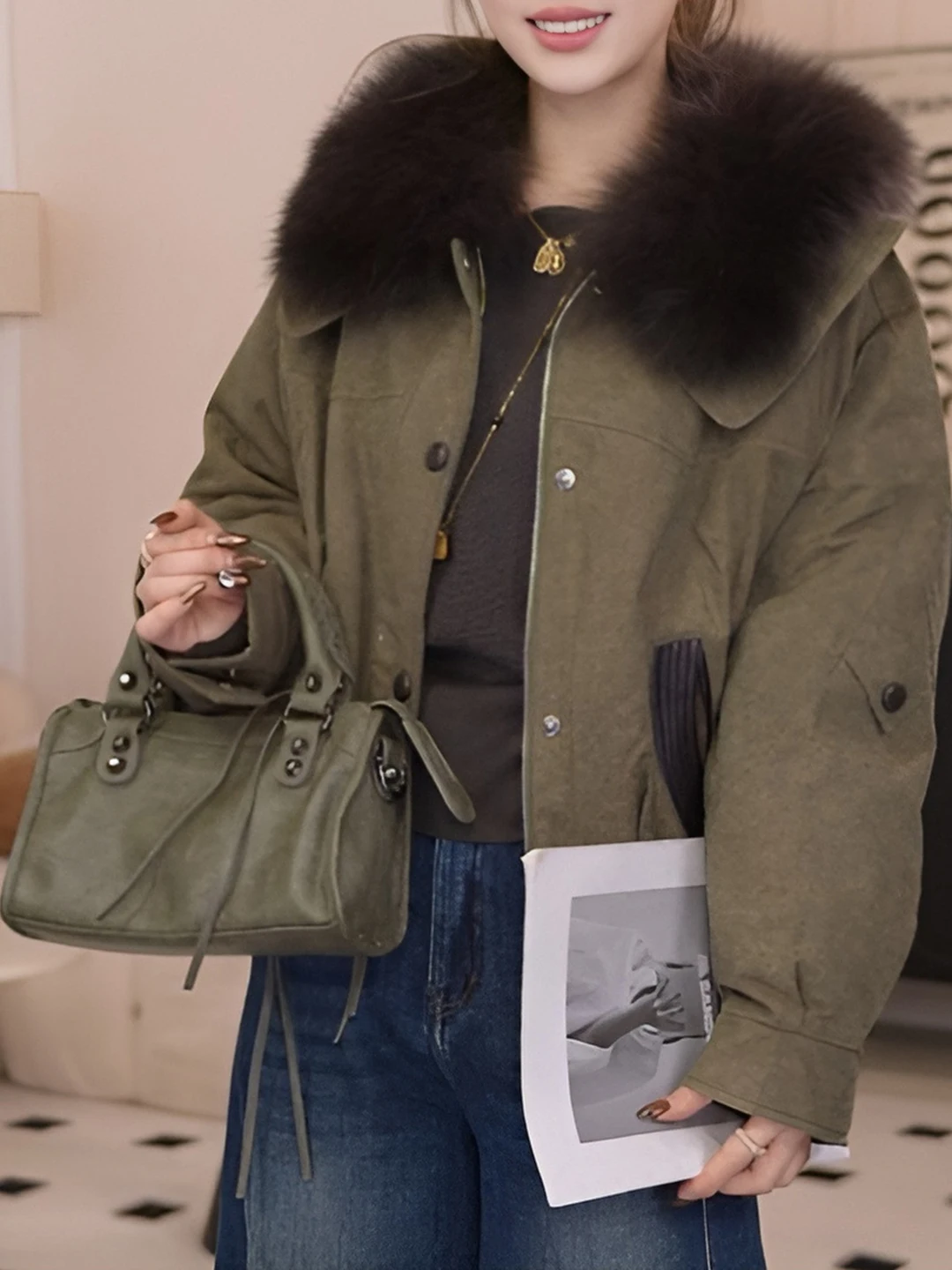 

Женская куртка-бомбер в ретро-стиле с меховым воротником, модная теплая верхняя одежда из полиэстера, с длинными рукавами, на молнии