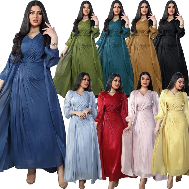 Shiny Satin Modest Dress Muslim 2 Piece Matching Women Open Abayas Sleeveless Dress Sets Dubai Kimono Robe Eid Ramandan Outfits