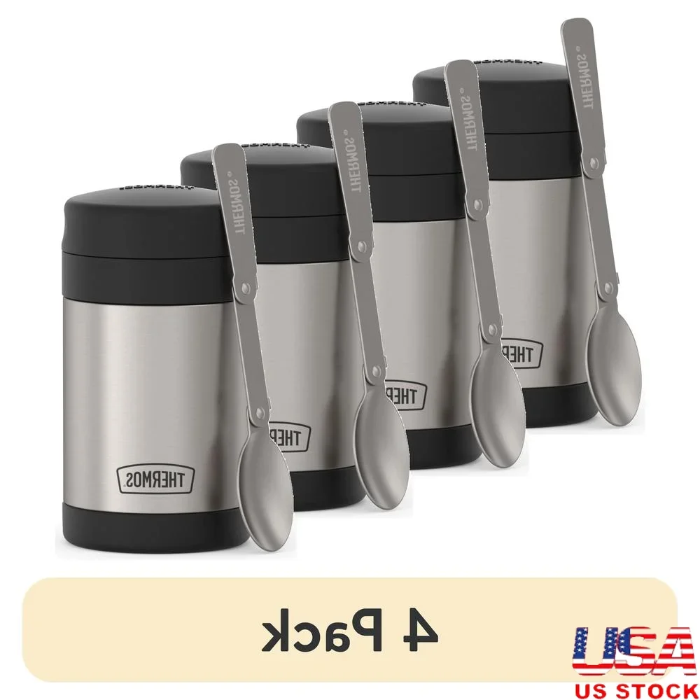 

4 упаковки, 16 унций, изолированная банка для еды, нержавеющая сталь, вакуумная герметичная со складной ложкой, герметичная, для хранения горячей и холодной воды, для кемпинга, путешествий