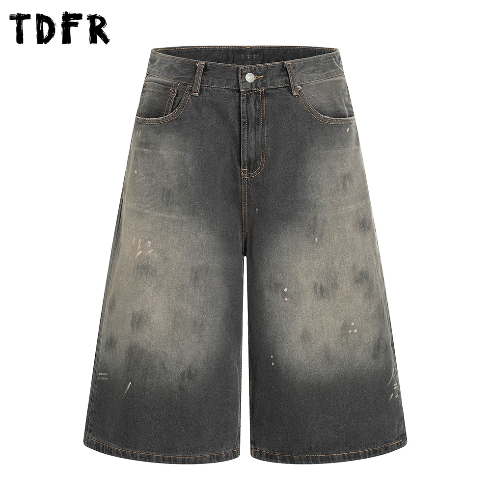 

Ripped Dirty Wash Denim Shorts Mens Retro Streetwear Loose Wide leg Jeans Short Pants Men