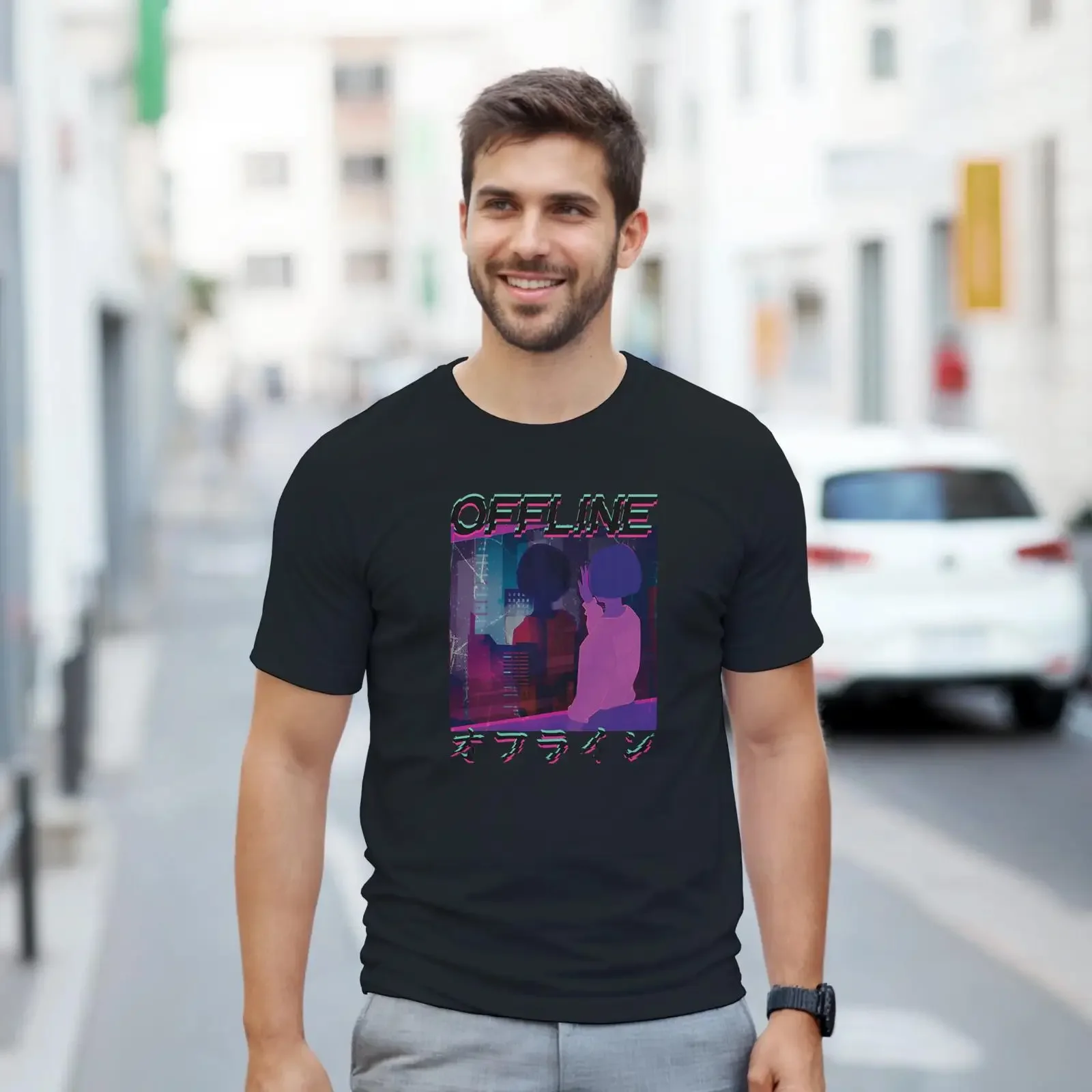 80s Retro Vaporwave Aesthetic Offline Glitch T Shirt vintage Washed Stylish Stretched Top For Everyday Wear Soft Comfortable