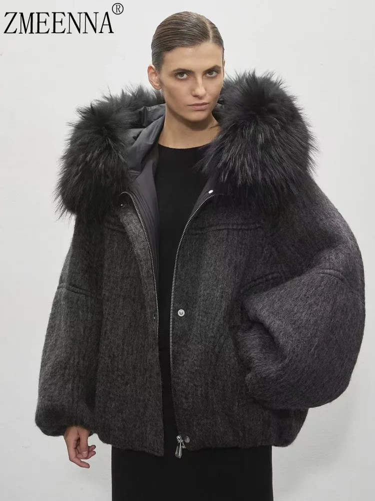 ZMEENNA المرأة مزيج الصوف معطف قصير المتضخم الفراء طوق المحاصيل سترة كاملة الأكمام الدافئة الفاخرة موضة ملابس خارجية ZM4590