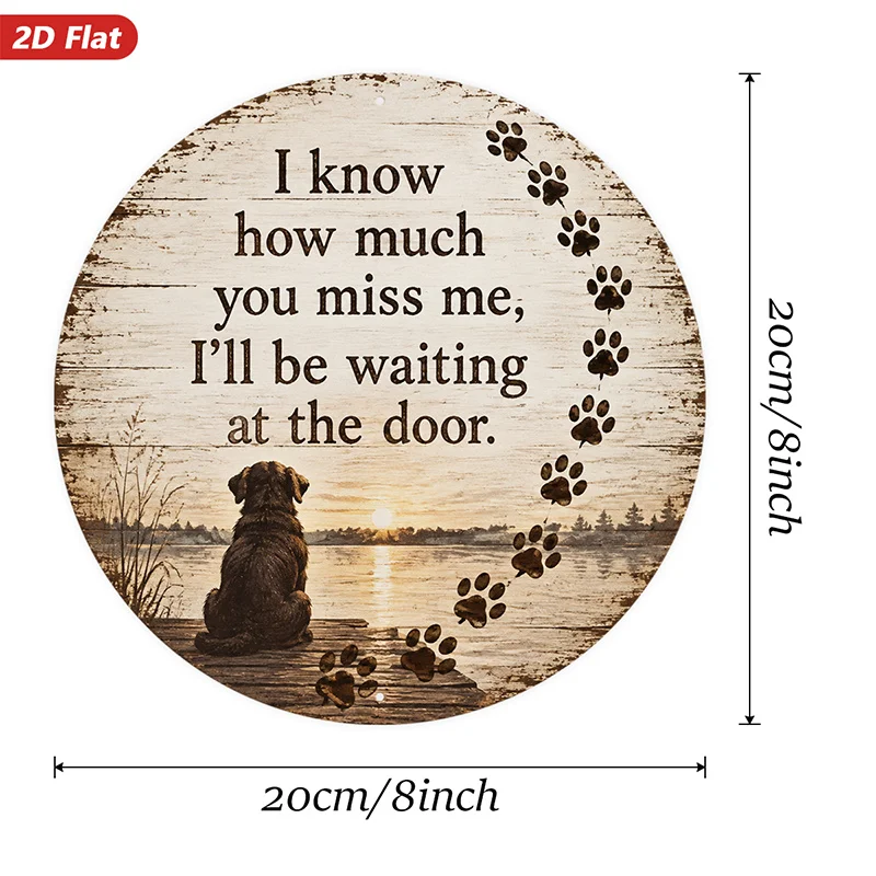 2D Flat, 1pc Waiting at Door Round Metal Sign Wall Art, Home Decor, Seated Dog by Lakeside Dock, Sunset Reflection, Paw Print Tr