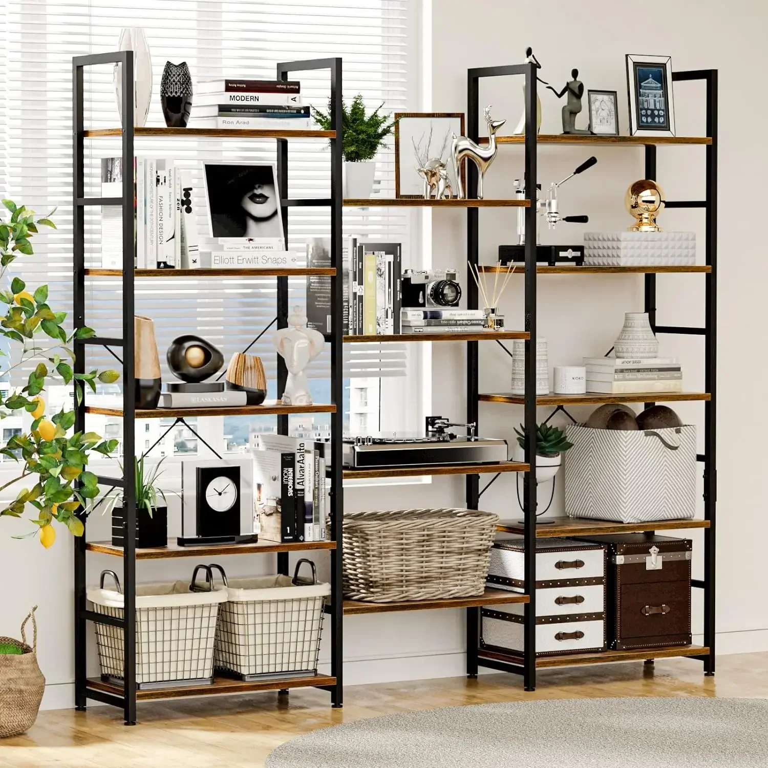 Triple Wide 5 Tier Bookshelf, Rustic Industrial Style Bookcases with 14 Open Display Shelves, Modern Tall Bookcase Furniture