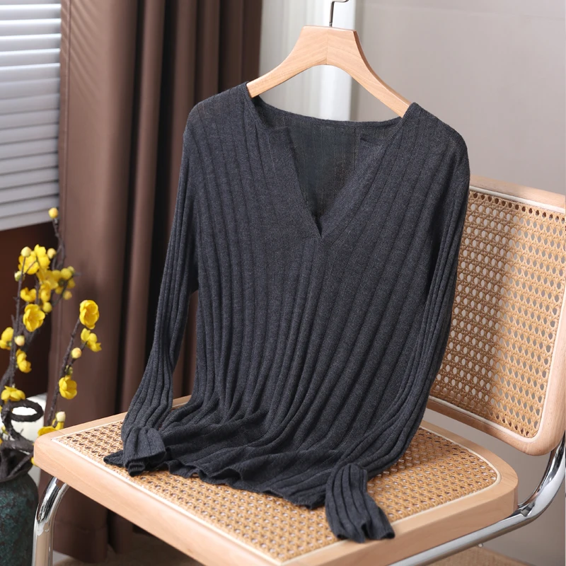 Women's Pullover Spring/Autumn Fine Imitation Wool Sweater Casual Solid Color Knitwear Fit Ladies TopsV Neck Korean Style Blouse